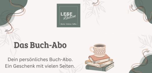 Grafisches Bild mit dem Hinweis auf ein  Buchabo, außerdem Kafeetasse und Bücherstapel abgebildet